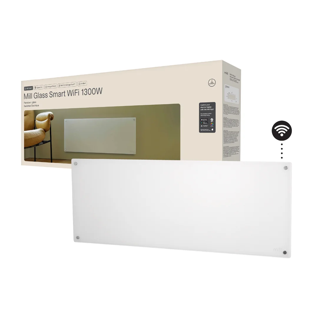 Mill Glass – inteligentny grzejnik panelowy z obsługą Wi-Fi, generacja 4 | GL1300WIFI4 | Grzejnik panelowy | 1300 W | Przeznaczony do pomieszczeń o powierzchni do 15–19 m² | Biały