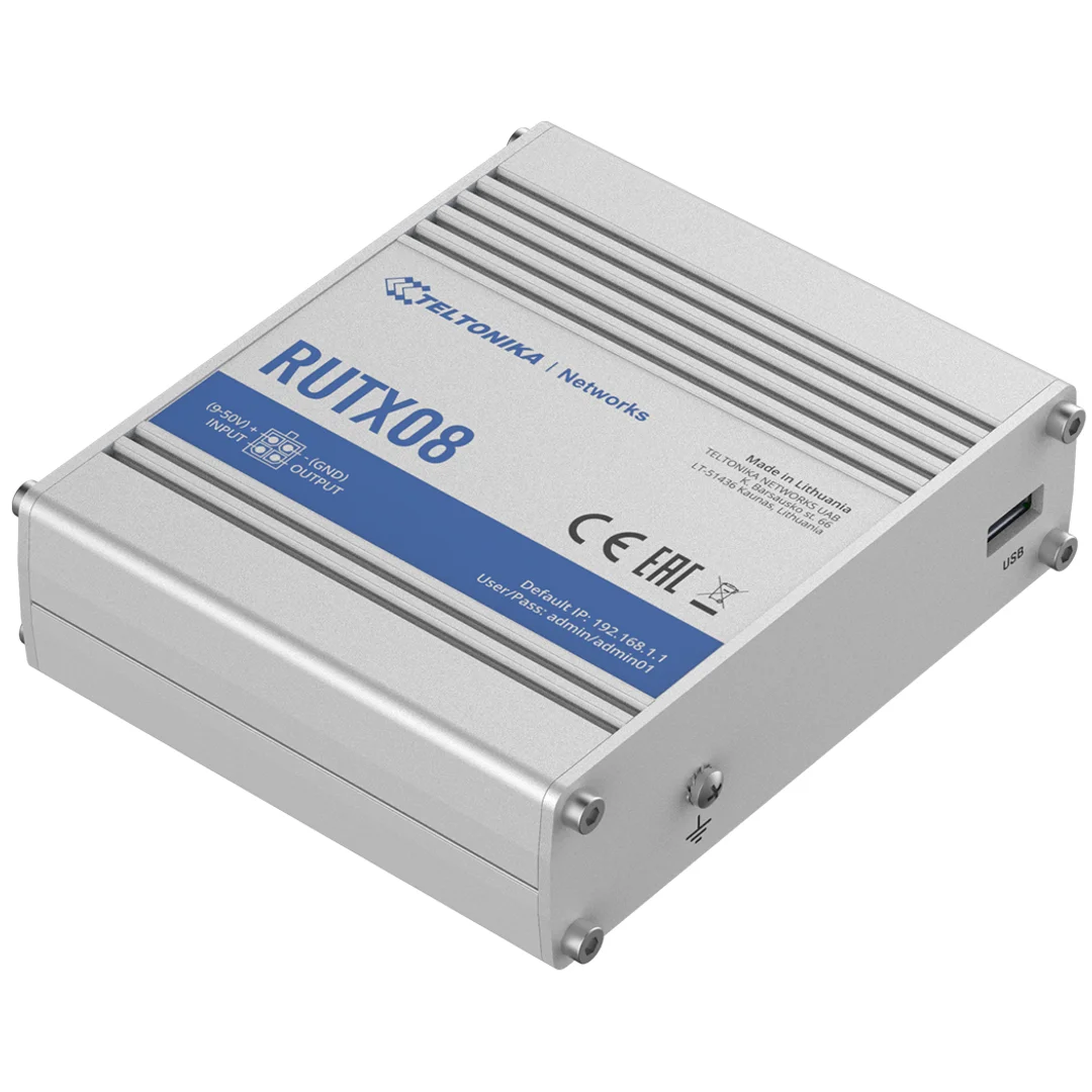 Router przemysłowy | RUTX08 | Brak Wi-Fi | 10/100/1000 Mbit/s | Porty Ethernet LAN (RJ-45) 4 | Obsługa sieci mesh Nie | MU-MiMO Nie | Brak mobilnego łącza szerokopasmowego | 1 | 24 miesiące