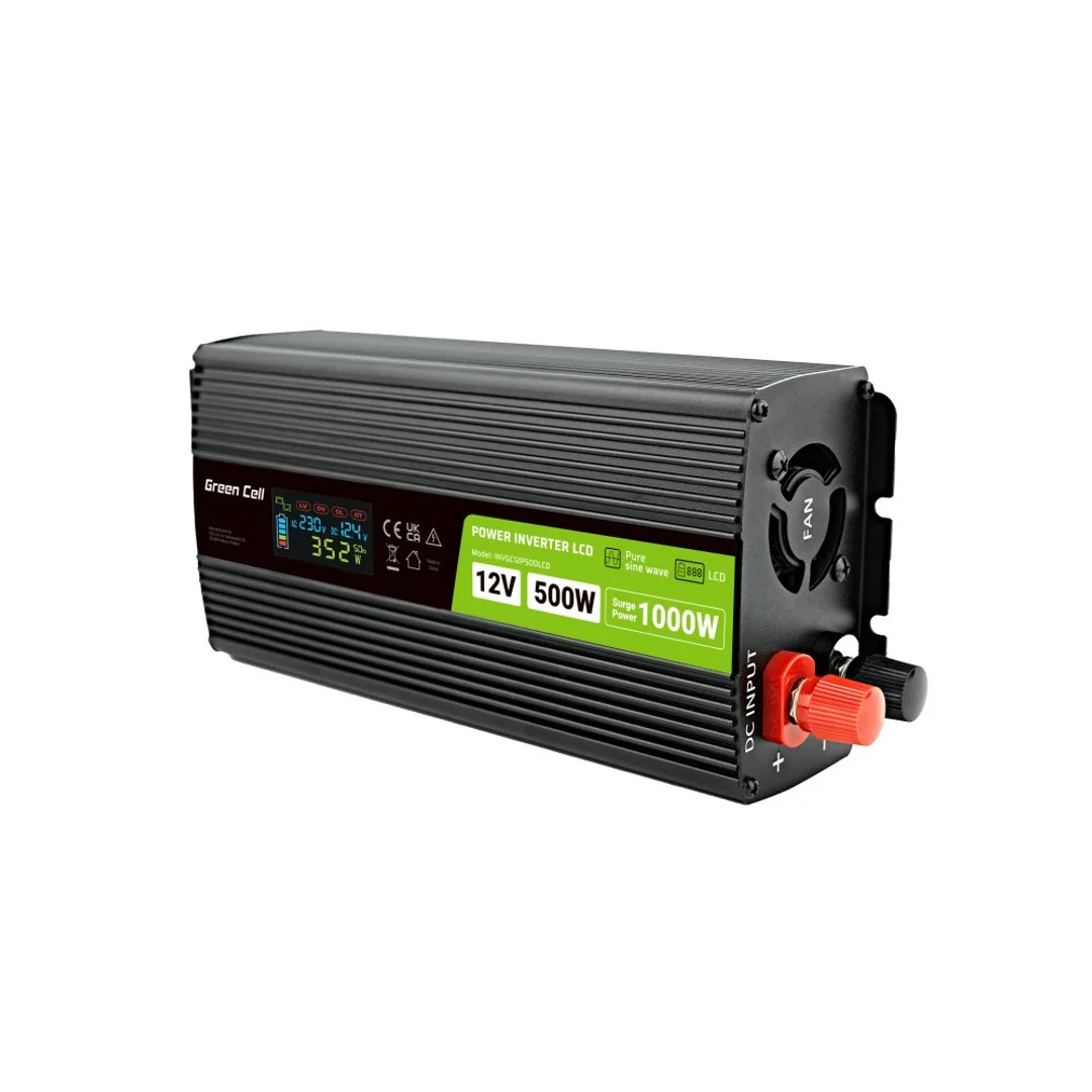 Green Cell przetwornica LCD 12V/230V 500W/1000W czysty sinus INVGC12P500LCD