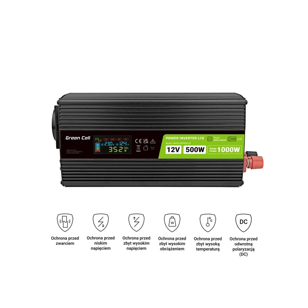 Green Cell przetwornica LCD 12V/230V 500W/1000W czysty sinus INVGC12P500LCD