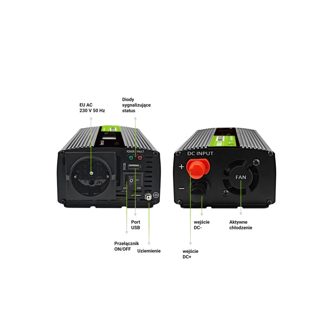Green Cell przetwornica LCD 12V/230V 500W/1000W czysty sinus INVGC12P500LCD