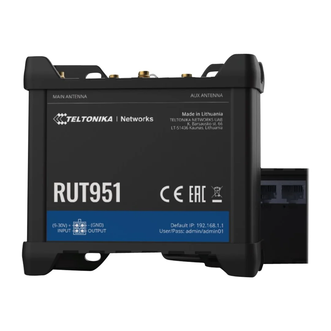Przemysłowy router komórkowy | RUT951 | 802.11n | 10/100 Mbit/s | Porty Ethernet LAN (RJ-45) 4 | Obsługa sieci mesh Nie | MU-MiMO Nie | 2G/3G/4G | Typ anteny 2 x SMA dla LTE, 2 x RP-SMA | 0