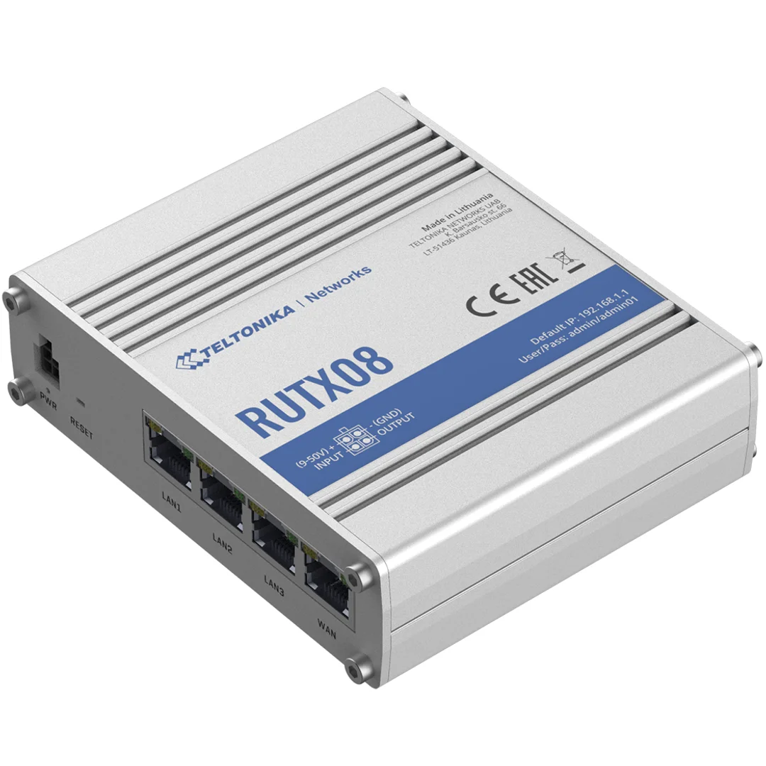 Router przemysłowy | RUTX08 | Brak Wi-Fi | 10/100/1000 Mbit/s | Porty Ethernet LAN (RJ-45) 4 | Obsługa sieci mesh Nie | MU-MiMO Nie | Brak mobilnego łącza szerokopasmowego | 1 | 24 miesiące