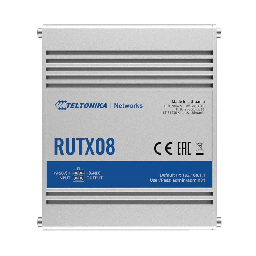 Router przemysłowy | RUTX08 | Brak Wi-Fi | 10/100/1000 Mbit/s | Porty Ethernet LAN (RJ-45) 4 | Obsługa sieci mesh Nie | MU-MiMO Nie | Brak mobilnego łącza szerokopasmowego | 1 | 24 miesiące