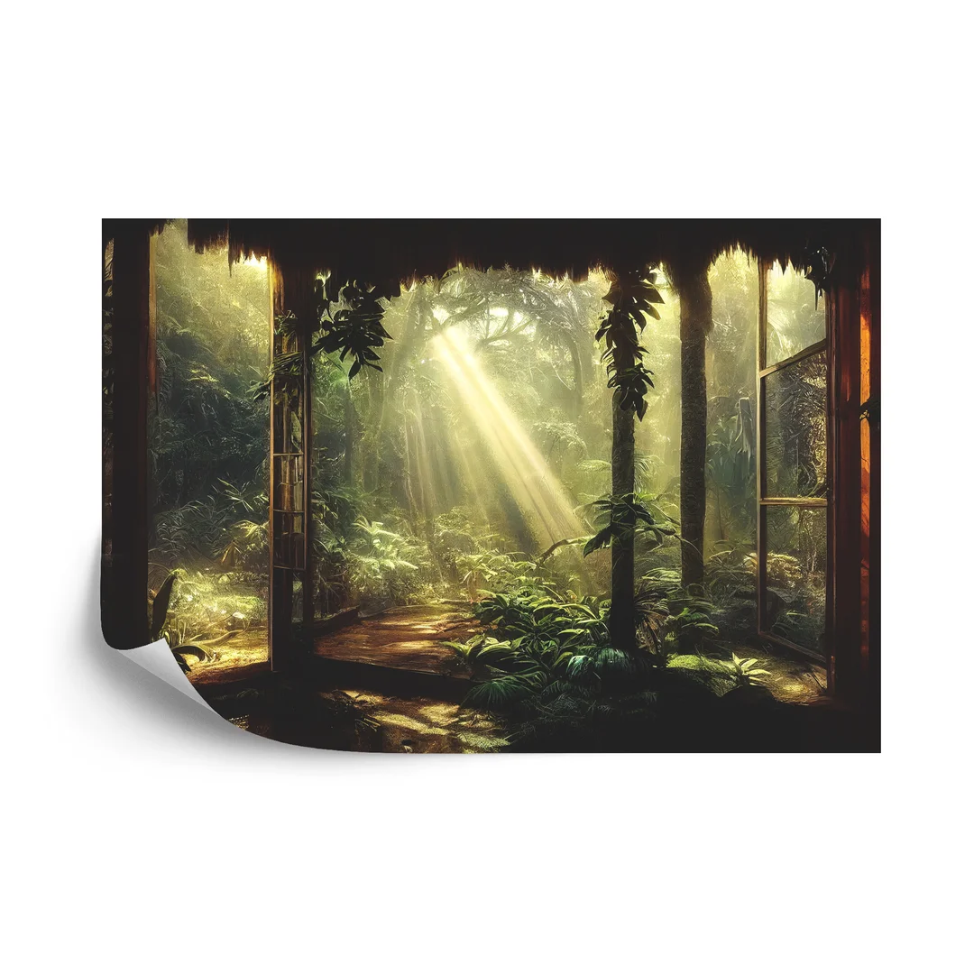 Fototapeta A Large Arch-Shaped Window, A Portal In The Dark Mystical Forest, The Sun's Rays Pass Through The Window And Trees, Shadows. Fantasy Beautiful Forest Fantasy Landscape. 3D . Vinyl Gładki 270x180