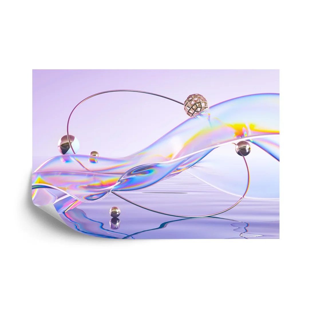 Fototapeta Abstract 3D Render. Glass Ribbon On Water With Geometric Circle And Spheres. Holographic Shape In Motion. Iridescent Digital Art For Banner Background, Wallpaper. Transparent Glossy Design Element. Vinyl Gładki 270x180