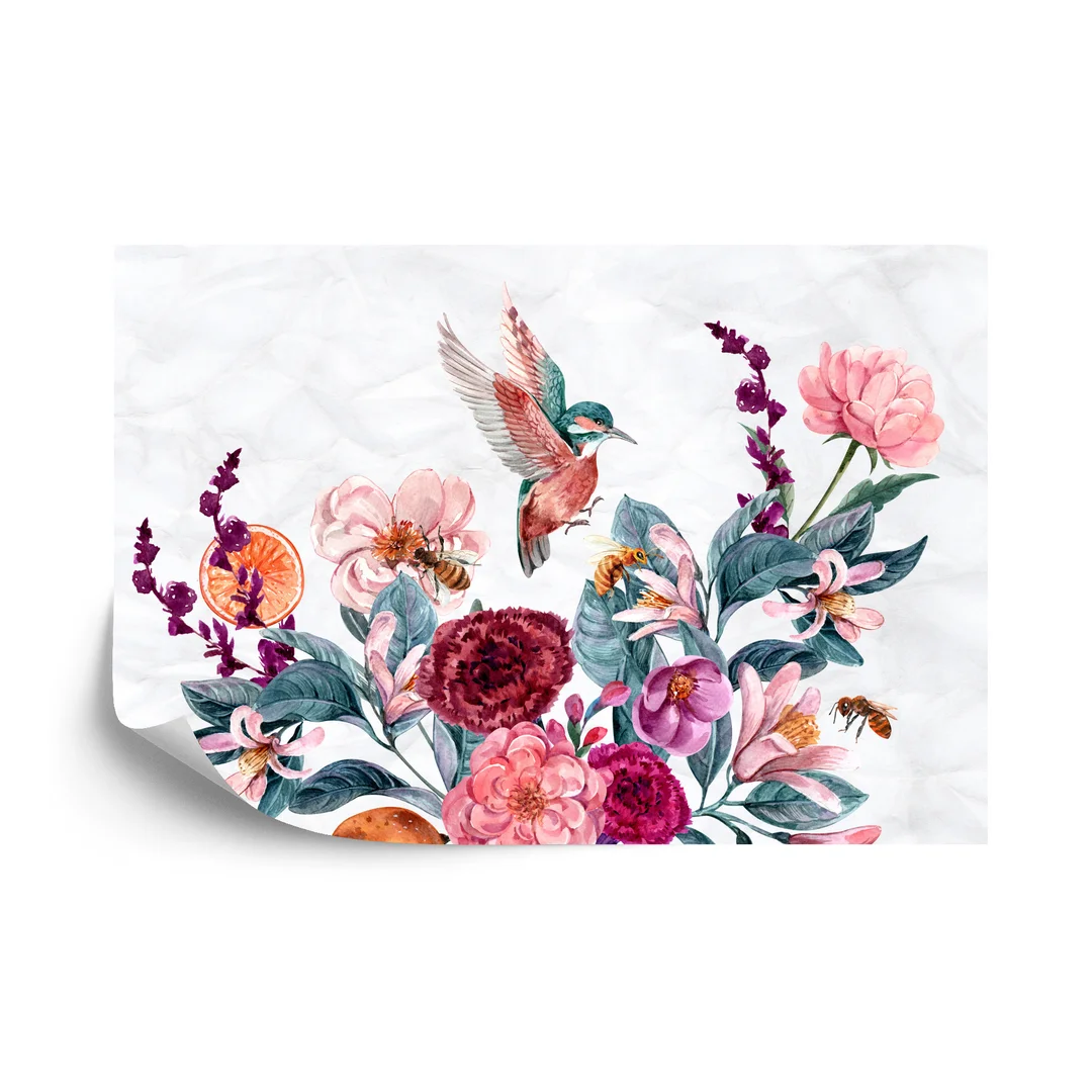 Fototapeta Akwarelowe Kolibry I Pszczoły Na Kwiatkach Flizelina 270x180