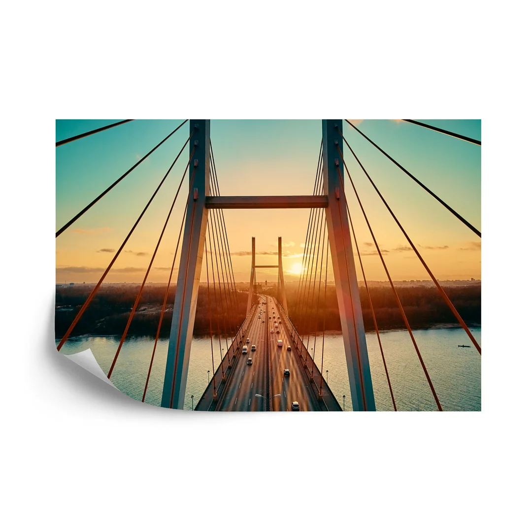 Fototapeta Beautiful Panoramic Aerial Drone View To Cable-Stayed Siekierkowski Bridge Over The Vistula River And Warsaw City Skyscrapers, Poland In Gold Red Autumn Colors In November Evening At Sunset Vinyl Gładki 270x180