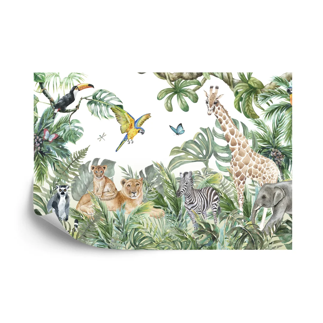 Fototapeta Children's Wallpaper, Watercolor Jungle And Animals. Lions, Giraffe, Elephant, Parrots, Zebra, Lemur Vinyl Gładki 270x180