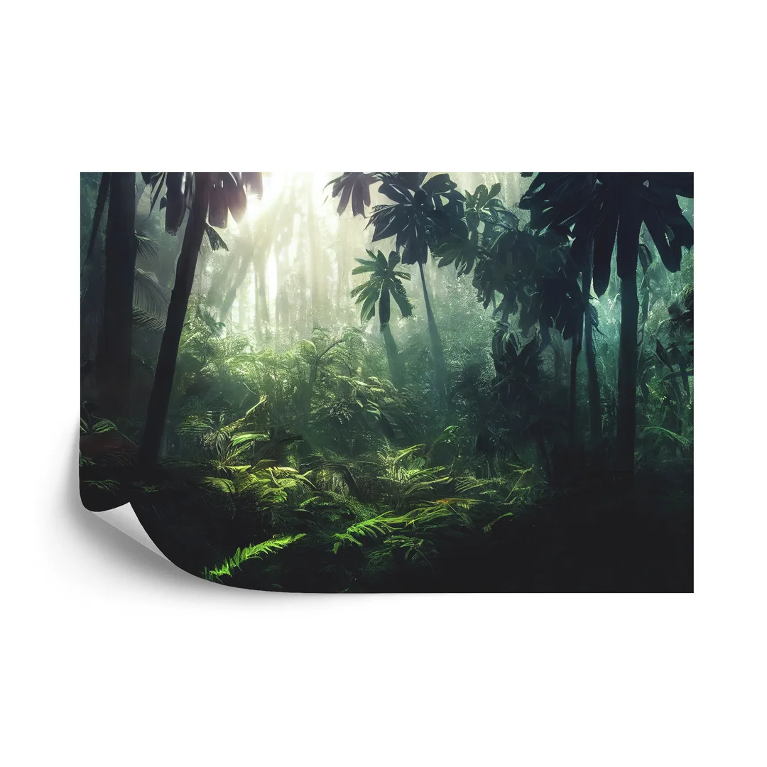 Fototapeta Dark Rainforest, Sun Rays Through The Trees, Rich Jungle Greenery. Atmospheric Fantasy Forest. 3D . Vinyl Gładki 270x180