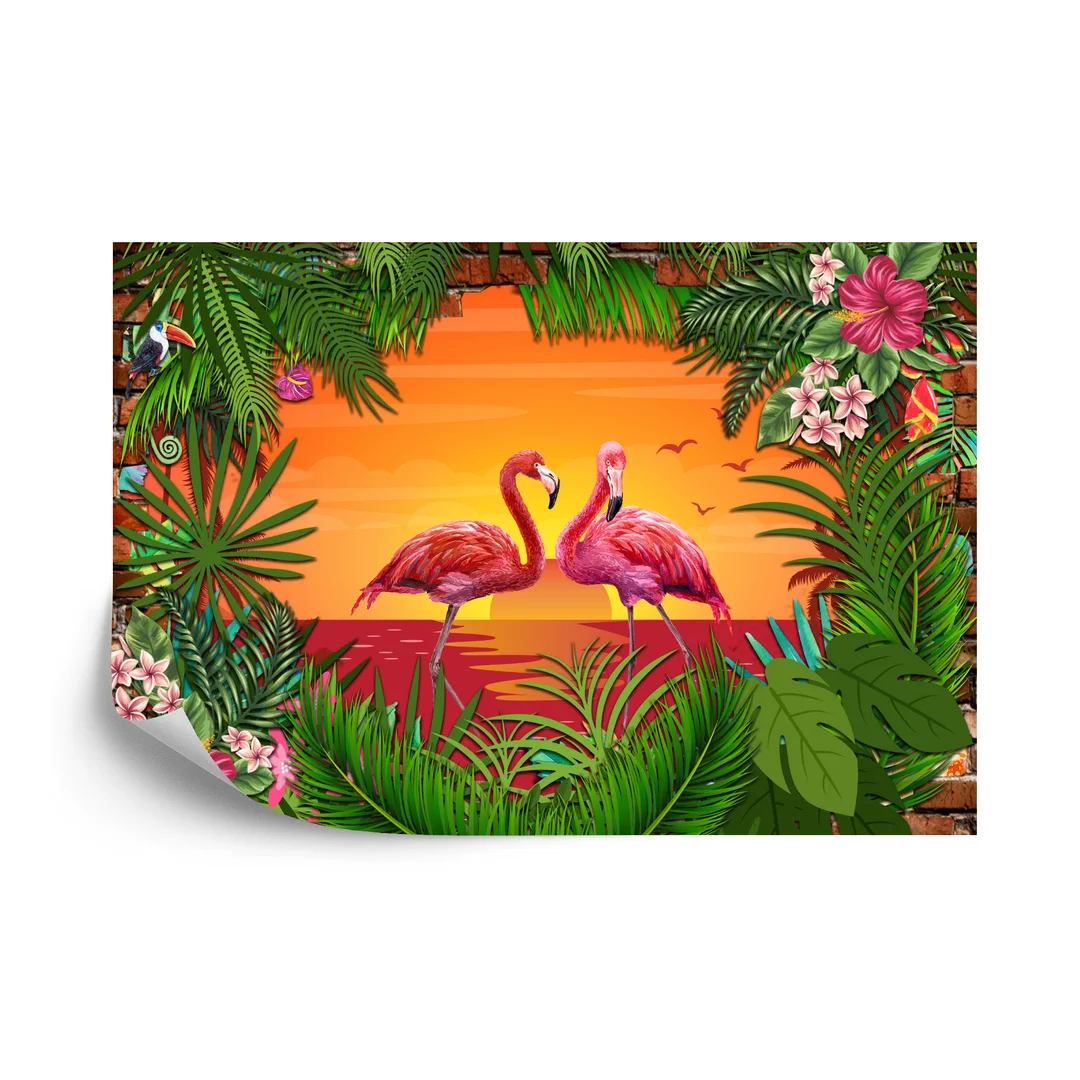 Fototapeta Flamingi Za Ceglaną Ścianą Flizelina 270x180