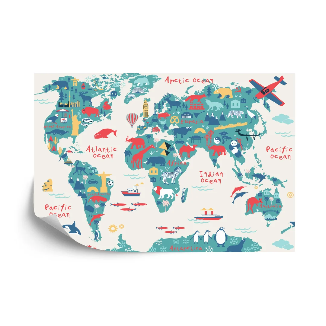 Fototapeta Map Of The World Wallpaper Design For Children's Room. Cute Design, Animals And Builds, Culture, Mural Art. Vinyl Gładki 270x180