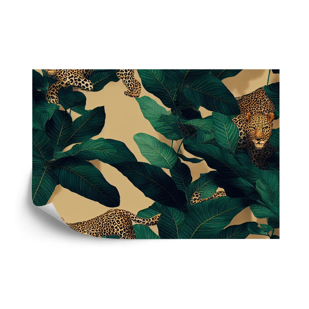 Fototapeta Seamless Tropical Pattern With Exotic Trees, Leopards, And Palm Leaves. Abstract Jungle Pattern With Leopards, Digital Vinyl Gładki 270x180