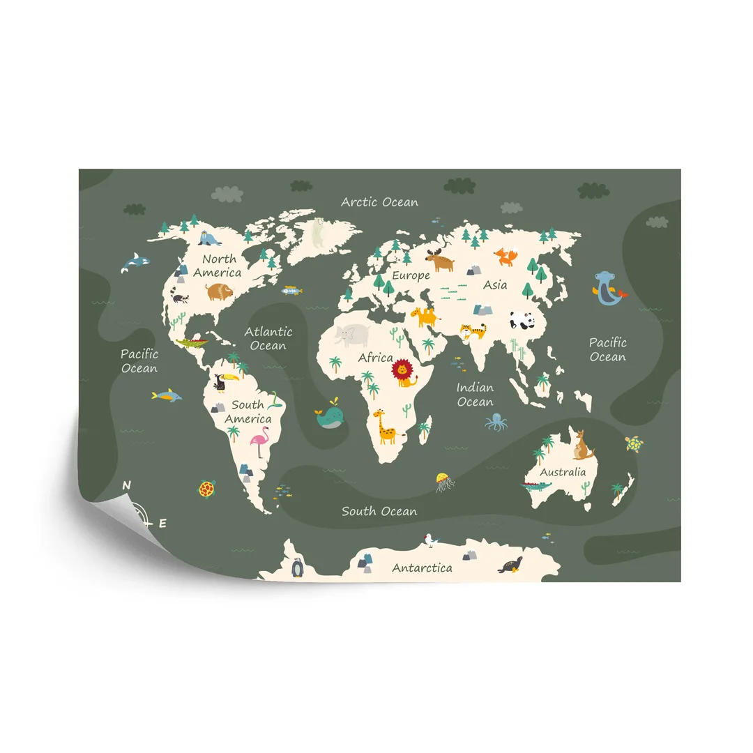 Fototapeta The World Map With Cartoon Animals For Kids, Nature, Discovery And Continent Name, Ocean Name. Children's Map Design For Wallpaper, Kids Room, Wall Art Vinyl Gładki 270x180