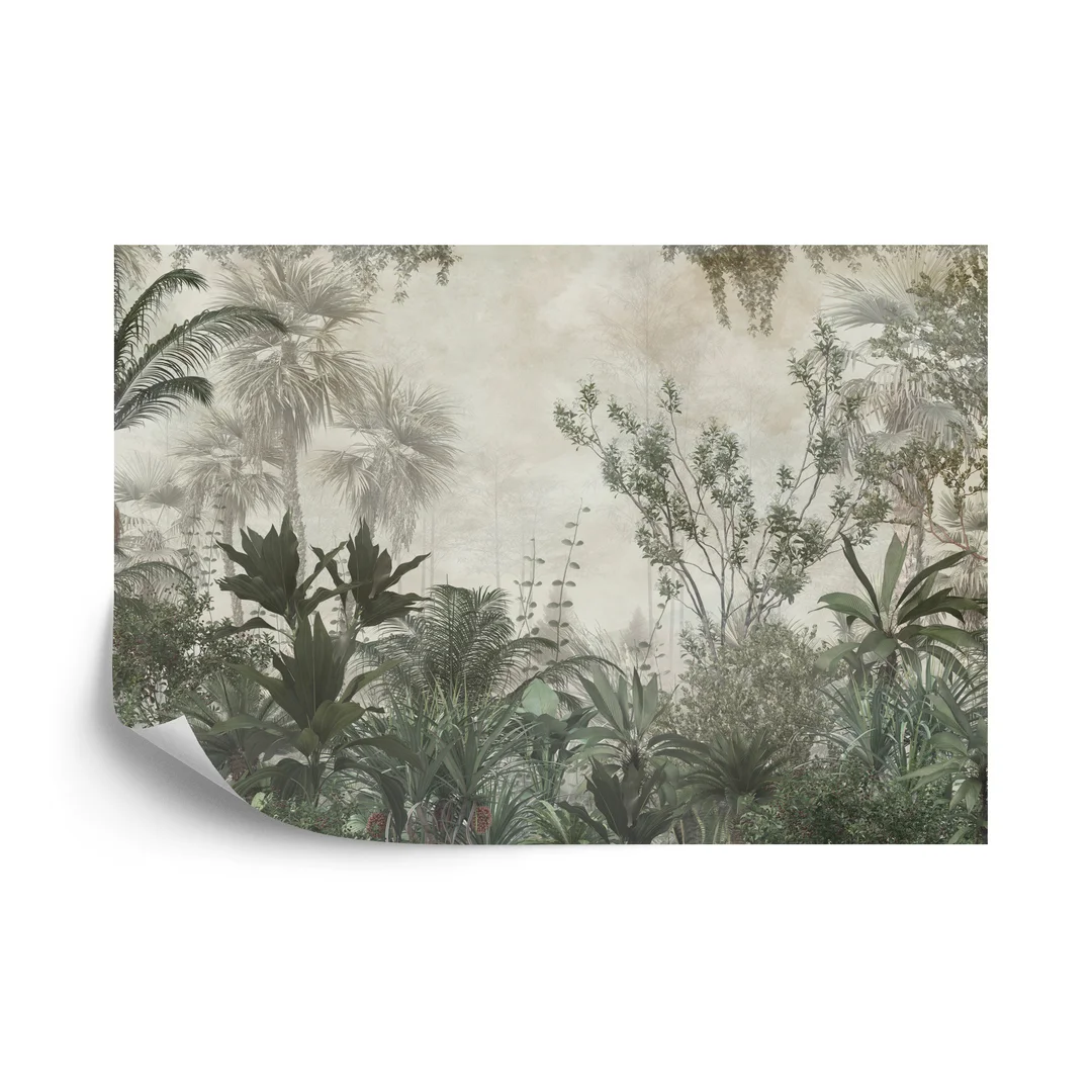 Fototapeta Tropical Trees And Leaves Wallpaper Design In Foggy Forest - 3D Vinyl Gładki 270x180