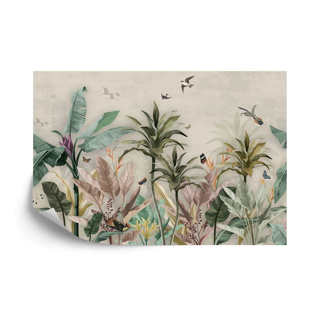Fototapeta Wallpaper Palm Tropical Forest Vintage Jungle Pattern With Birds Vinyl Gładki 270x180