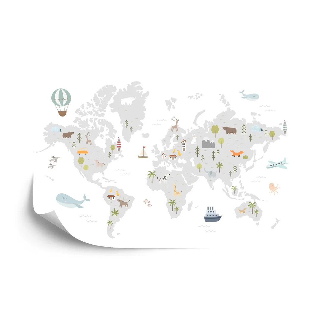 Fototapeta World Map With Cute Animals In Cartoon Style. Map For Nursery, Kids Room With Nature, Animals, Transports. Skandi Vinyl Gładki 270x180