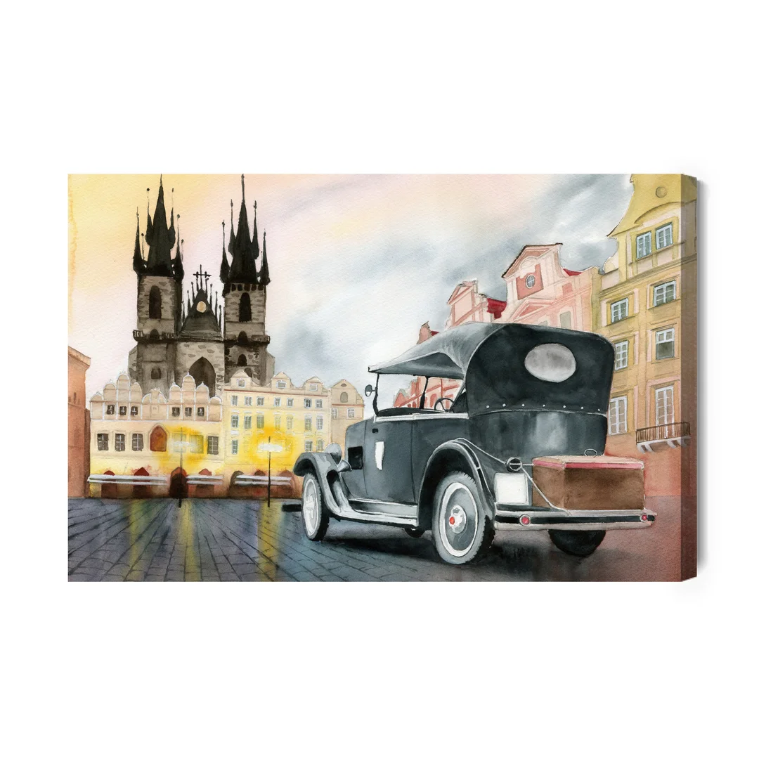 Obraz Na Płótnie Akwarelowy Samochód I Stare Miasto Canvas Brak Brak 60x90