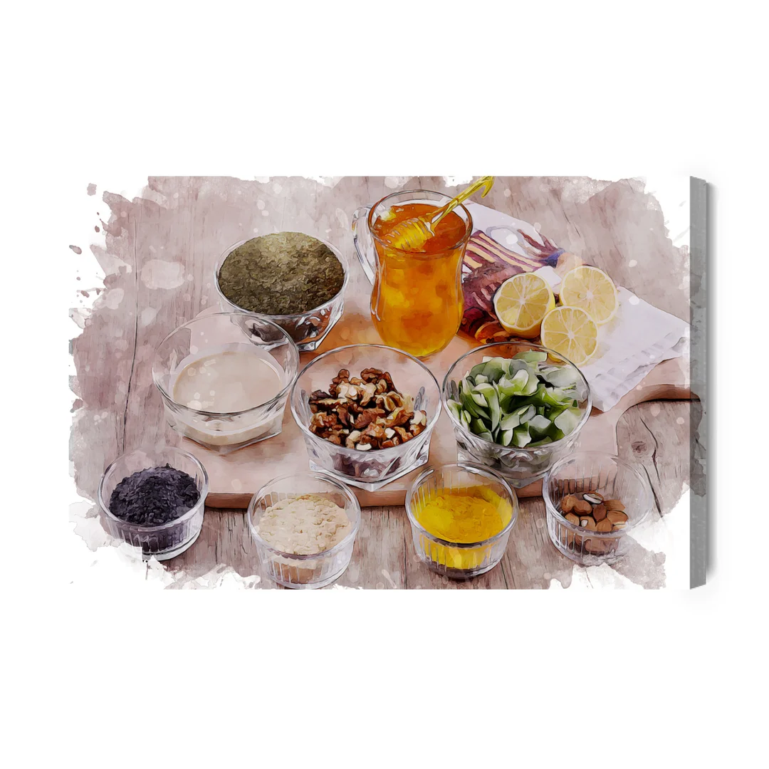 Obraz Na Płótnie Przyprawy, Zioła I Miód Canvas Naturalny Brak Brak 50x70