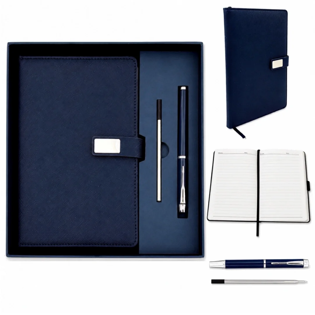 Elegancki Zestaw Prezentowy Granatowy Premium Notes A5 z Długopisem w Pudełku Prezentowym - EE13
