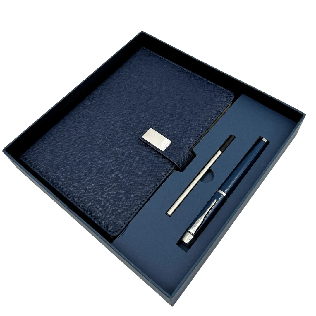 Elegancki Zestaw Prezentowy Granatowy Premium Notes A5 z Długopisem w Pudełku Prezentowym - EE13
