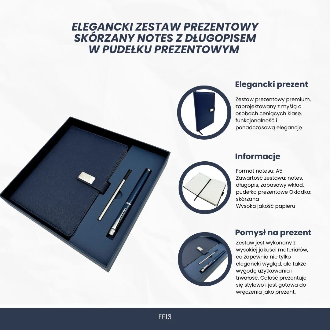 Elegancki Zestaw Prezentowy Granatowy Premium Notes A5 z Długopisem w Pudełku Prezentowym - EE13