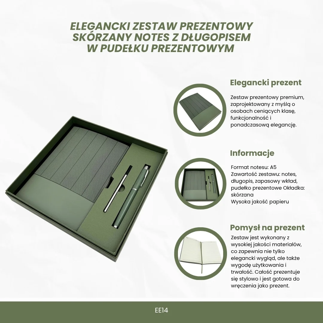 Elegancki Zestaw Prezentowy - Premium Notes A5 z Długopisem w Pudełku Prezentowym - Oliwkowa Zieleń - EE14