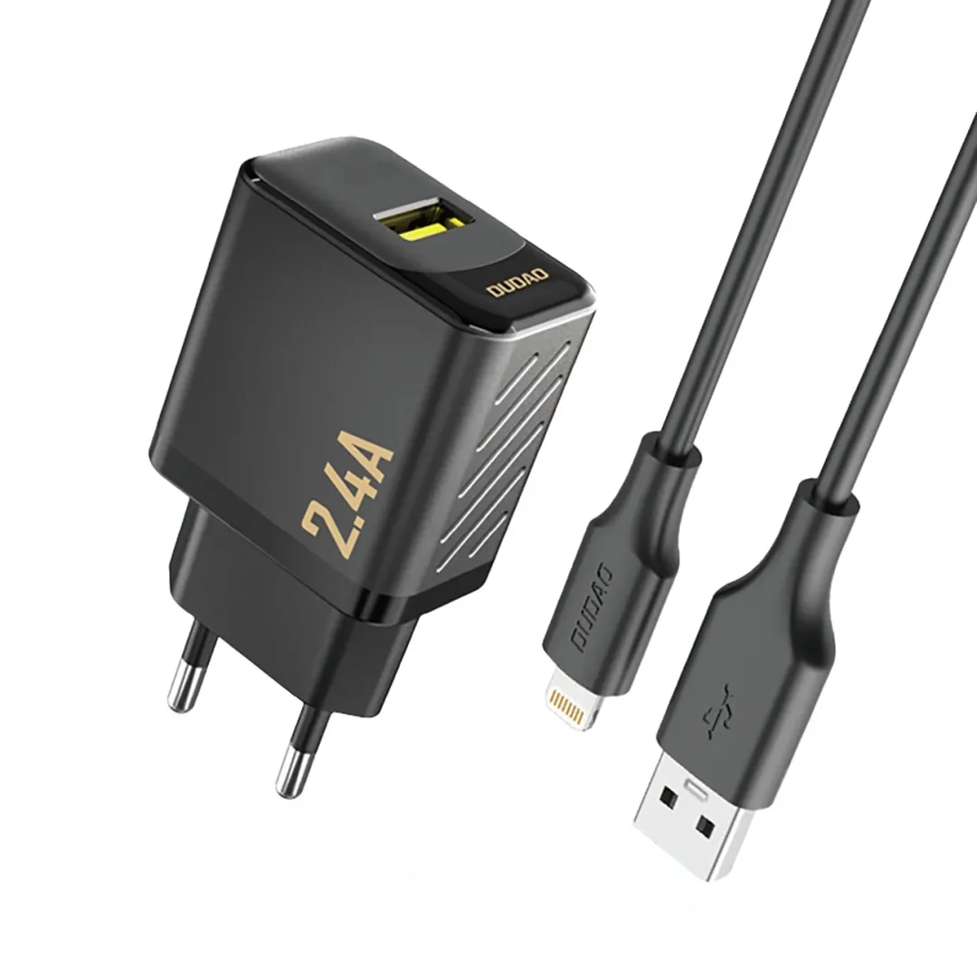 Ładowarka Dudao A23LEU 2.4A GaN EU USB-A z kablem USB-A - Lightning - czarna