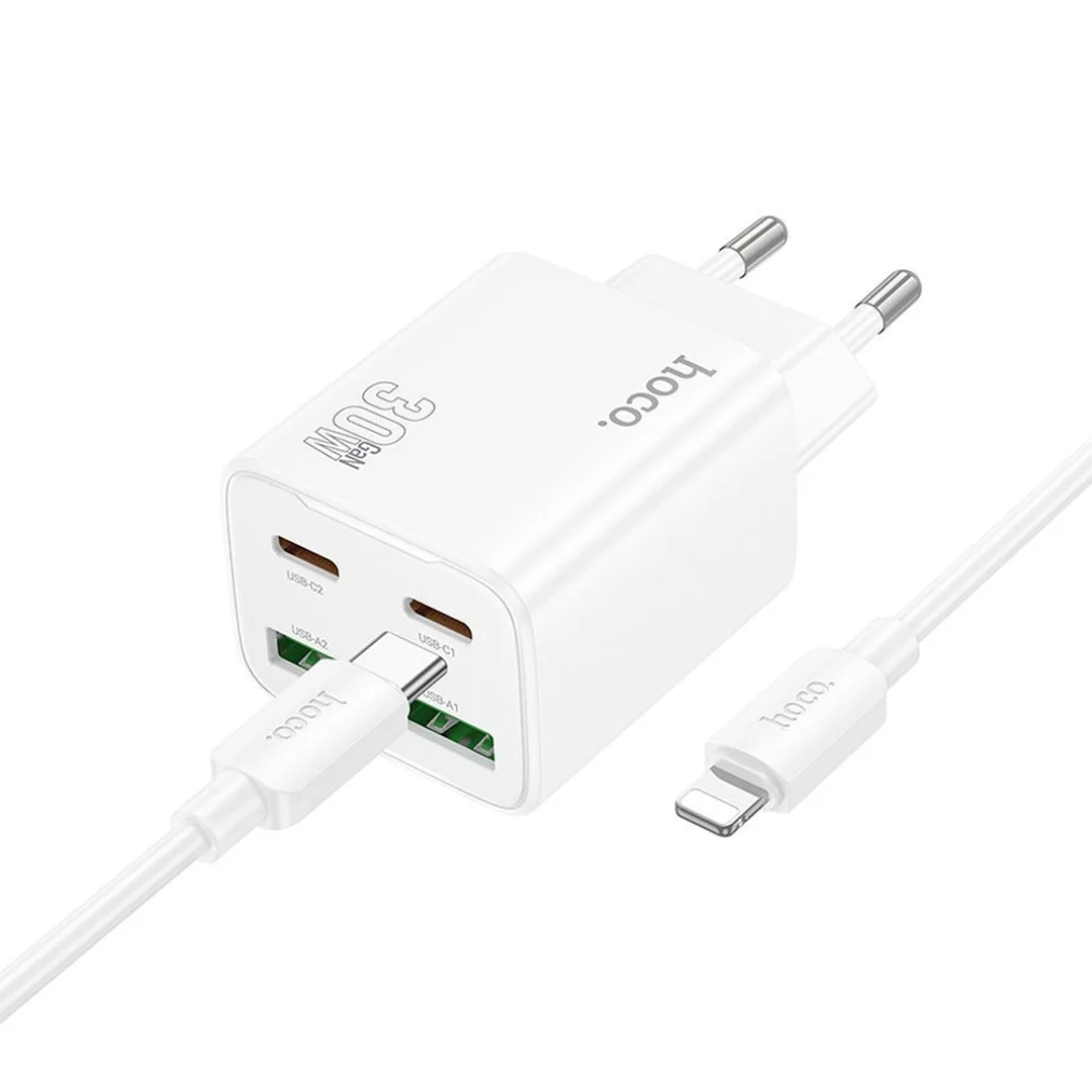 Ładowarka Hoco 2 x USB C + 2 x USB A QC3.0 PD 3A 30W + kabel USB C do Lightning N56 biała