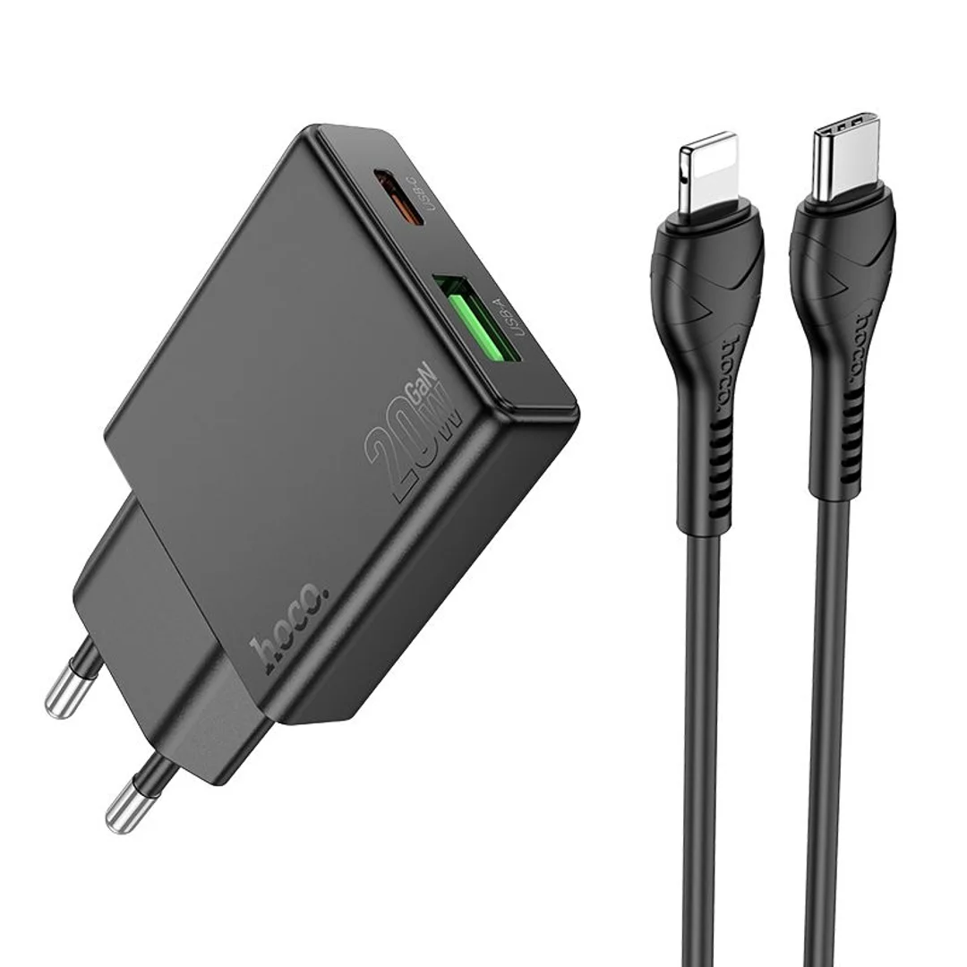 Ładowarka Hoco Slim USB A + USB C QC3.0 PD 3A 20W + kabel USB C do Lightning N38 czarna