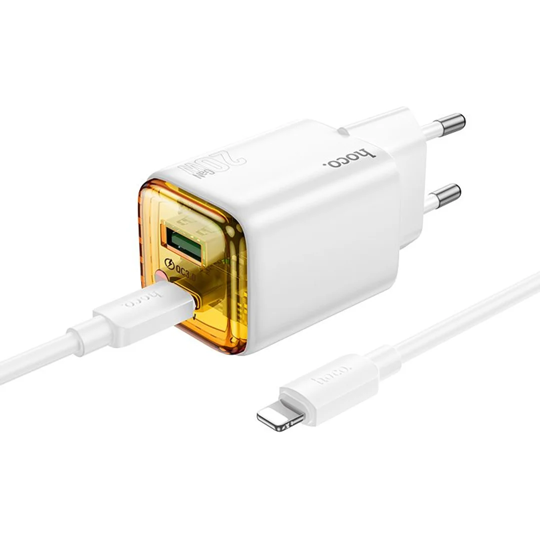 Ładowarka Hoco USB A + USB C QC3.0 PD 3A 20W + kabel USB C do USB C N52 biała