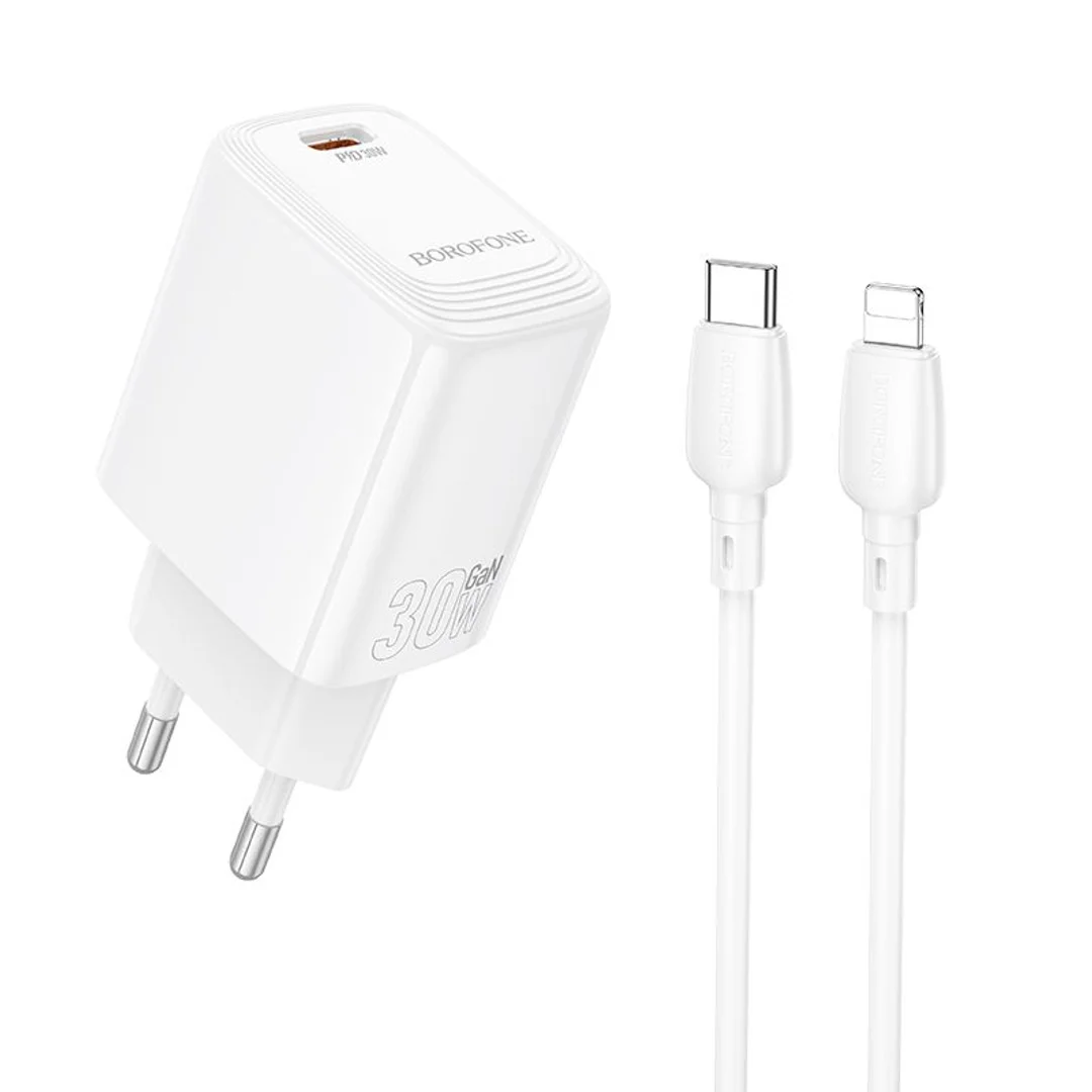 Ładowarka sieciowa Borofone BN28 Fuente - Typ C - PD 30W z kablem Typ C / Lightning biała