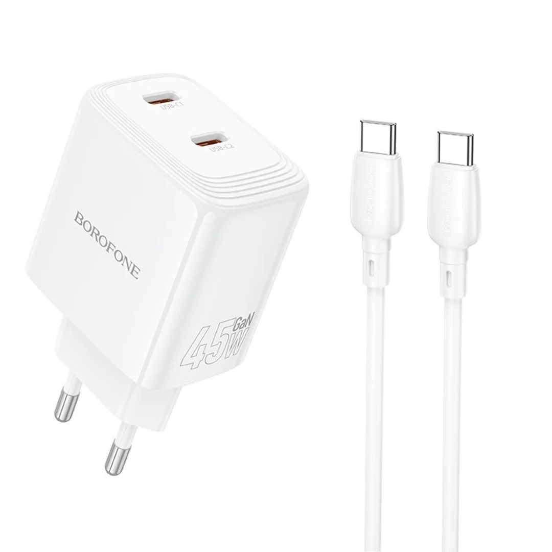 Ładowarka sieciowa Borofone BN31 Cargador GaN - 2xTyp C - QC 3.0 PD 45W z kablem Typ C na Typ C biała