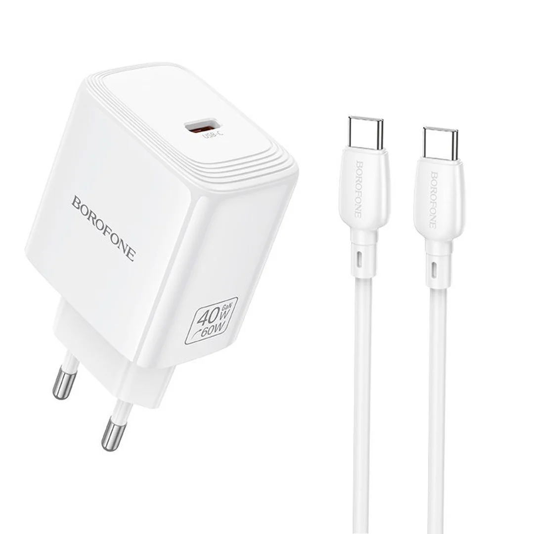 Ładowarka sieciowa Borofone BN33 Fuente GaN Typ C - QC3.0 PD 40W z kablem Typ C na Typ C biała