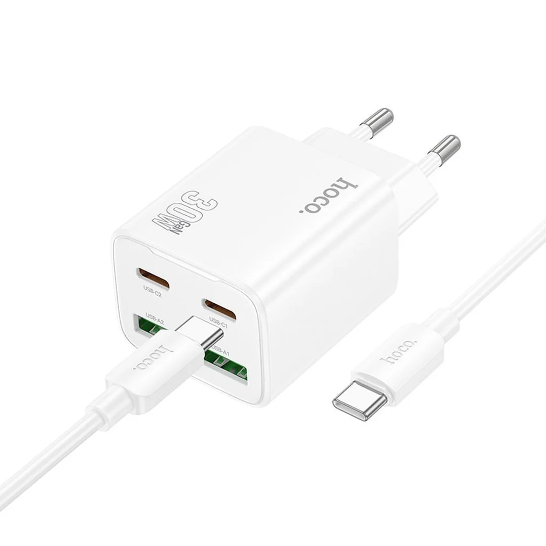 Ładowarka sieciowa Hoco 2 x USB C + 2 x USB A QC3.0 PD 3A 30W + kabel USB C do USB C N56 biała