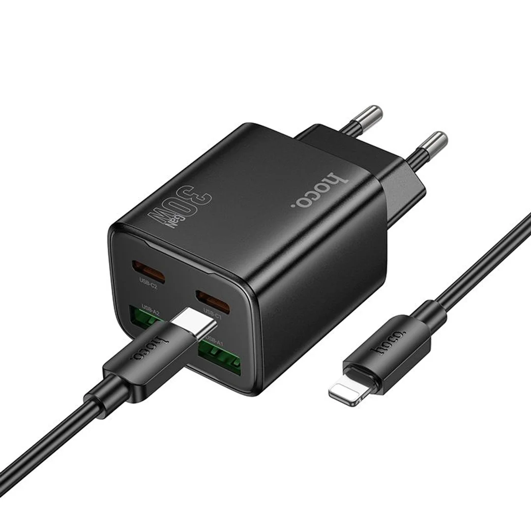 Ładowarka sieciowa Hoco 2 x USB C + 2x USB A QC3.0 PD 3A 30W + kabel USB C do Lightning N56 czarna