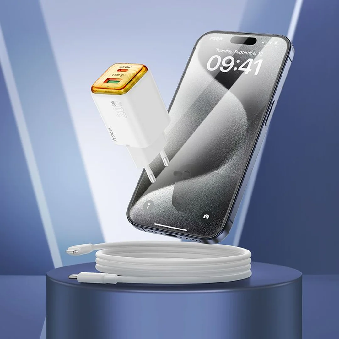 Ładowarka Hoco USB A + USB C QC3.0 PD 3A 20W + kabel USB C do Lightning N52 biała - 8