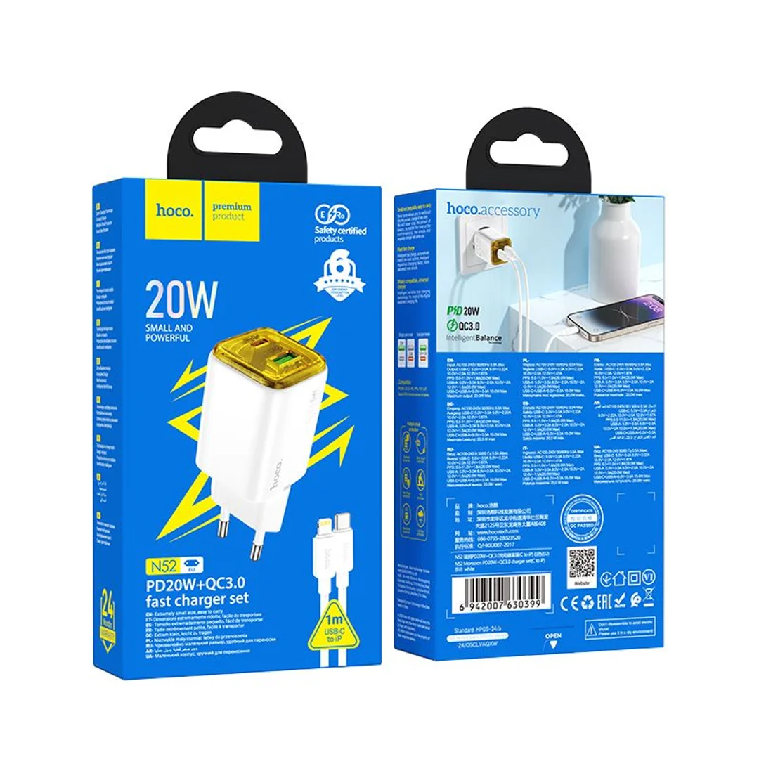 Ładowarka Hoco USB A + USB C QC3.0 PD 3A 20W + kabel USB C do USB C N52 biała - 11