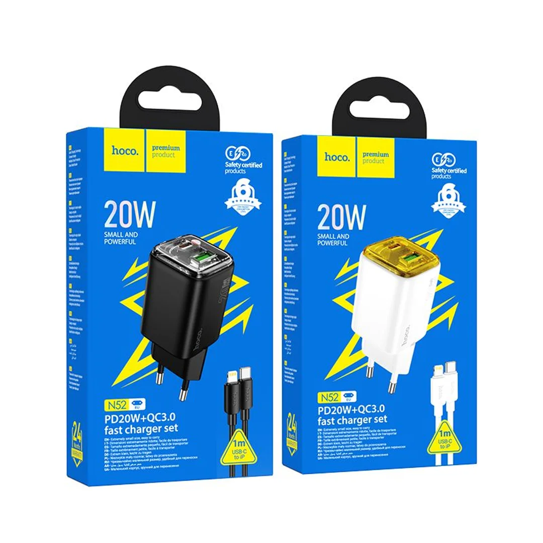 Ładowarka Hoco USB A + USB C QC3.0 PD 3A 20W + kabel USB C do USB C N52 biała - 12