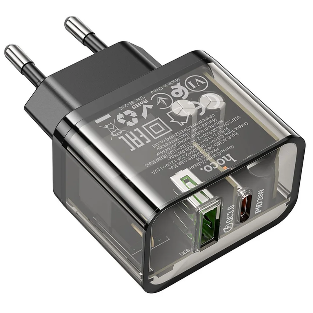 Ładowarka Hoco USB A + USB C QC3.0 PD 3A 20W N34 transparentna - 11