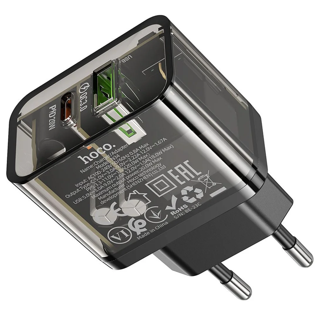 Ładowarka Hoco USB A + USB C QC3.0 PD 3A 20W N34 transparentna - 12