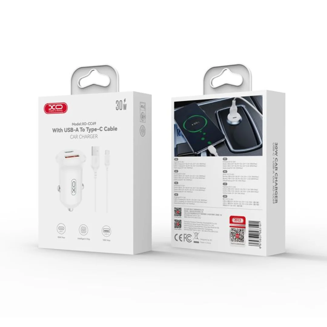 Ładowarka samochodowa XO CC69 PD 30W QC 1x USB 1x USB-C biała + kabel USB - USB-C - 4