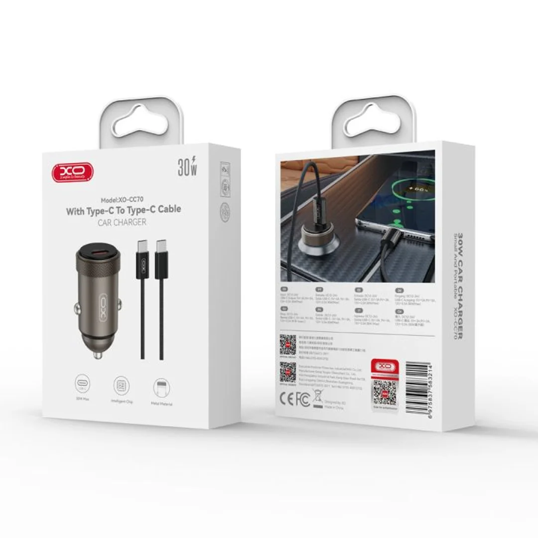 Ładowarka samochodowa XO CC70 PD 30W 1x USB-C czarna + kabel USB-C - USB-C - 4