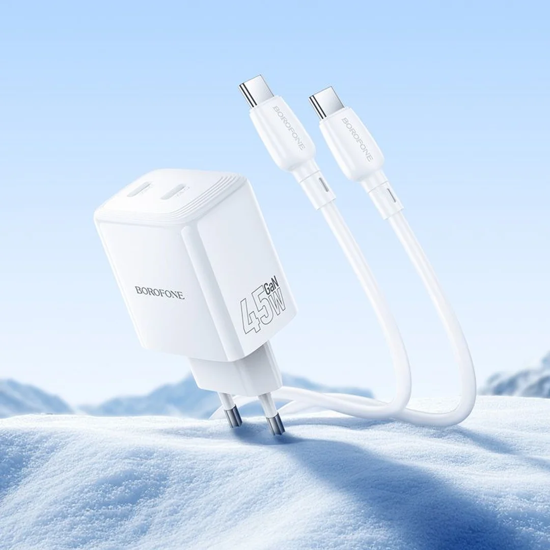 Ładowarka sieciowa Borofone BN31 Cargador GaN - 2xTyp C - QC 3.0 PD 45W z kablem Typ C na Typ C biała - 17