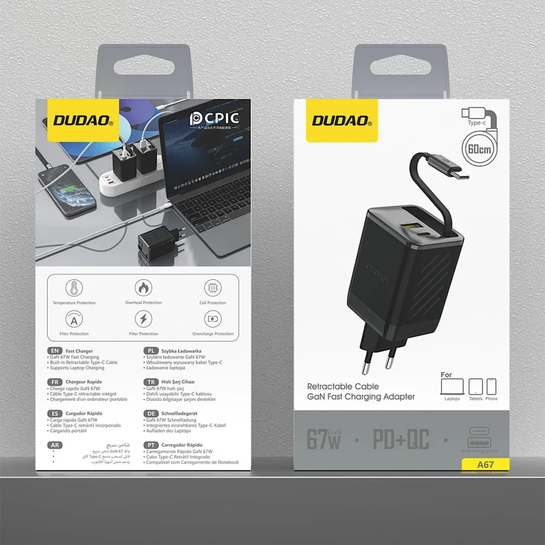 Ładowarka sieciowa Dudao A67EU GaN 67W z zwijanym kablem USB-C Power Delivery Quick Charge - czarna - 11