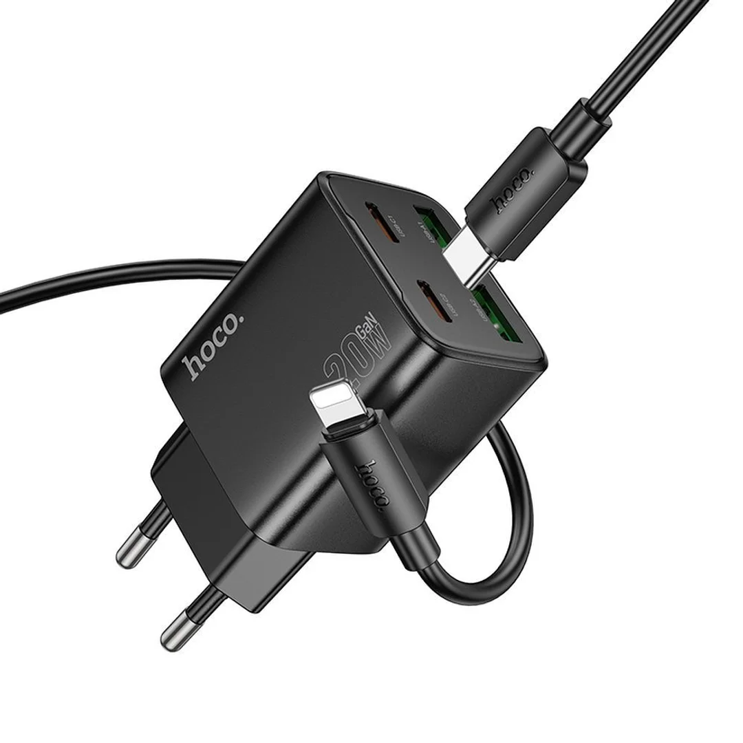Ładowarka sieciowa Hoco 2 x USB C + 2 x USB A QC3.0 PD 3A 20W + kabel USB C/ Lightning N55 czarna - 9
