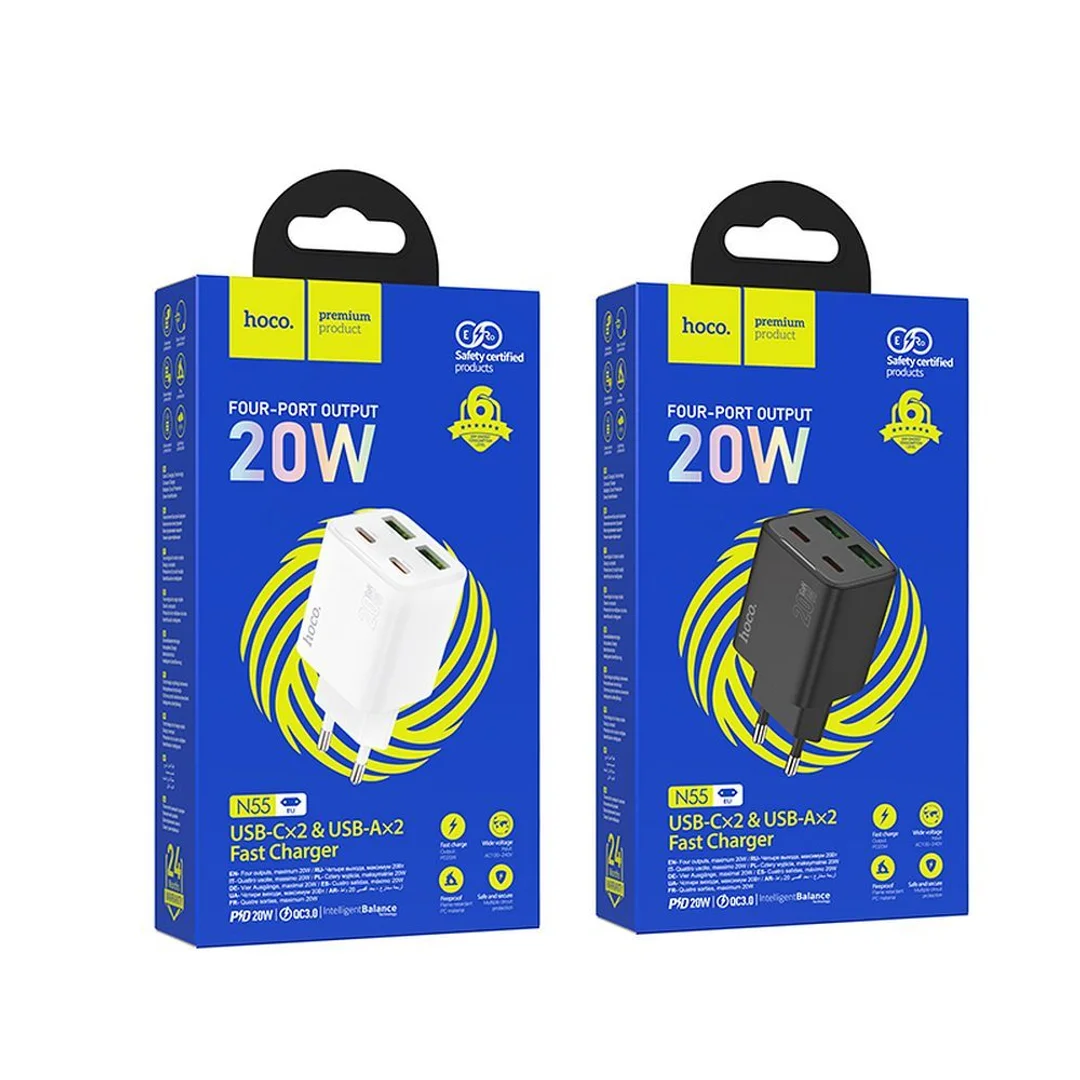 Ładowarka sieciowa Hoco 2 x USB C + 2 x USB A QC3.0 PD 3A 20W N55 czarna - 16