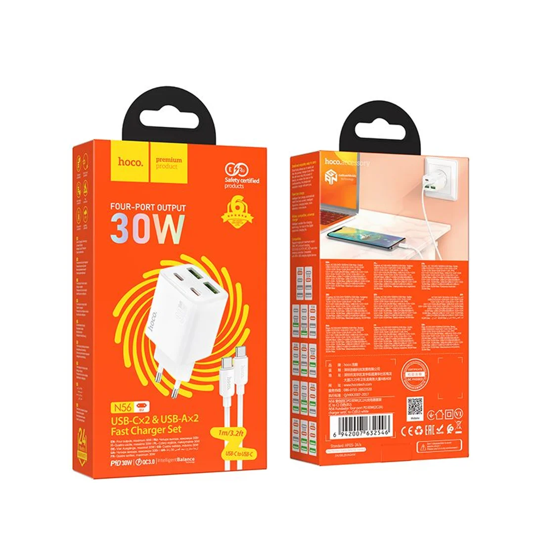 Ładowarka sieciowa Hoco 2 x USB C + 2 x USB A QC3.0 PD 3A 30W + kabel USB C do USB C N56 biała - 11