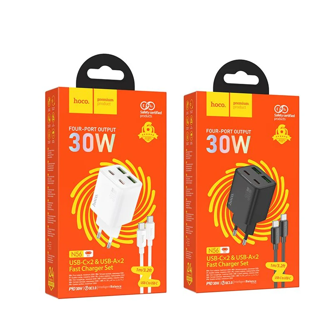 Ładowarka sieciowa Hoco 2 x USB C + 2 x USB A QC3.0 PD 3A 30W + kabel USB C do USB C N56 biała - 12