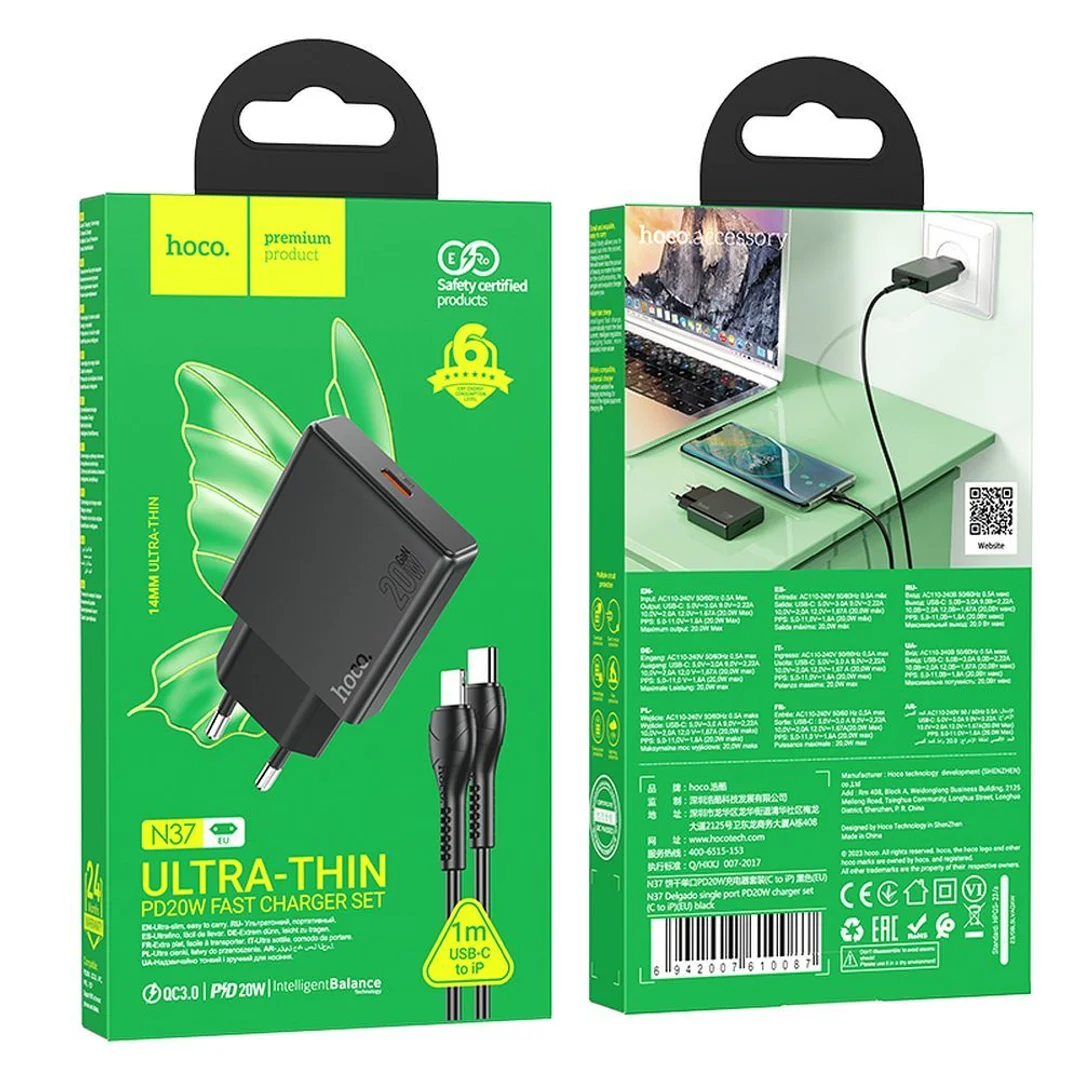 Ładowarka sieciowa Hoco Slim USB C QC PD 30W + kabel USB C do Lightning N37 czarna - 18